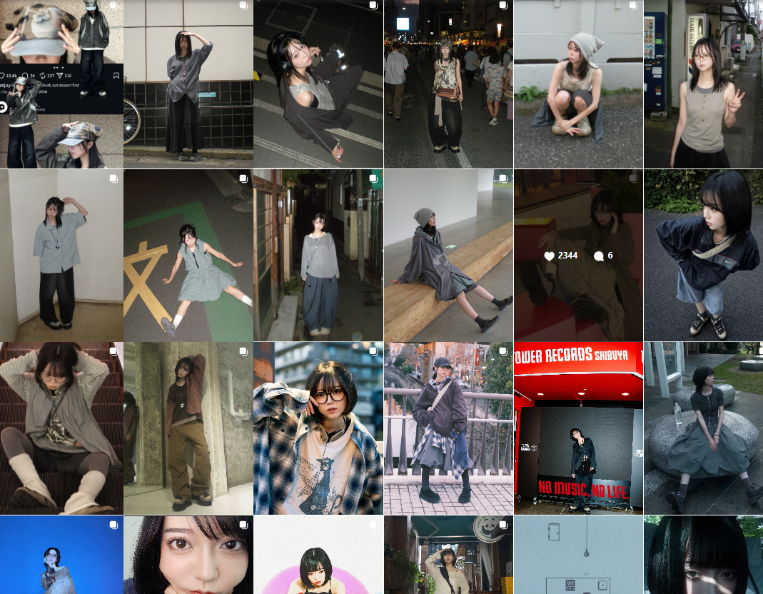 マリナのInstagram（@marina_monmen）の投稿一覧。日々のコーディネート写真がグリッド状に並んでいる
